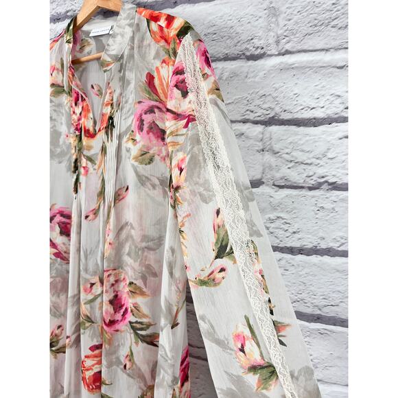 SUSAN GRAVER Women's L Floral Printed Sheer Chiffon Lace Trim Pleated Tunic Top - Picture 5 of 13